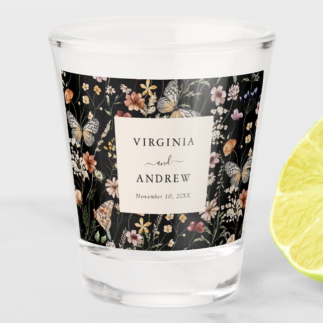 Black Boho Wildflower Wedding Shot Glass (Black Boho Wildflower Wedding Shot Glass with Butterflies by Painted Paperie
)