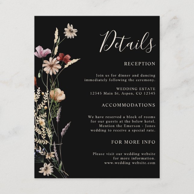 Black Boho Wildflowers Wedding Enclosure Card (Front)
