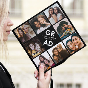 Black Bold Grad 8 Photo Collage Graduation Cap Topper