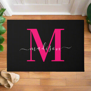 Black & Bold Pink Monogram Initial Family Name  Doormat