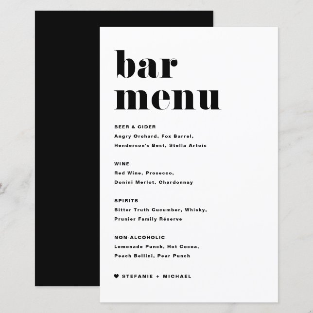 Black Bold Retro Typography Wedding Bar Menu (Front/Back)