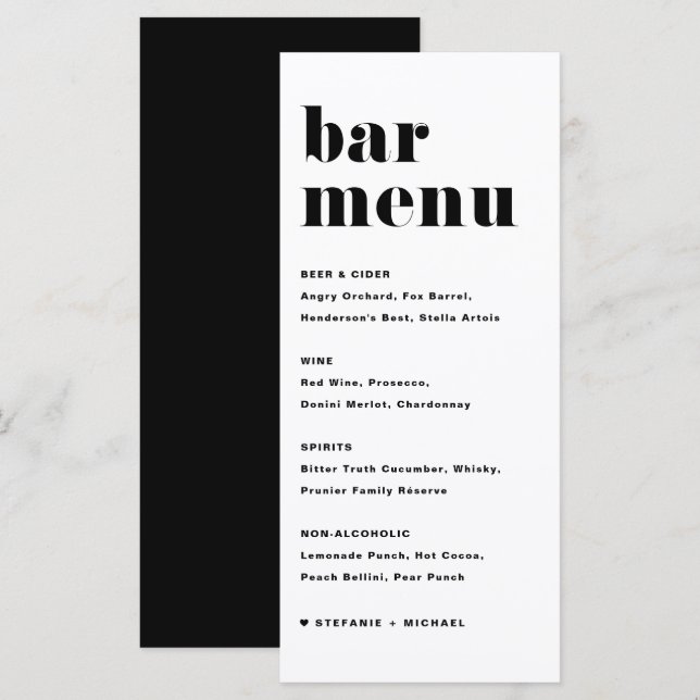 Black Bold Retro Typography Wedding Bar Menu (Front/Back)