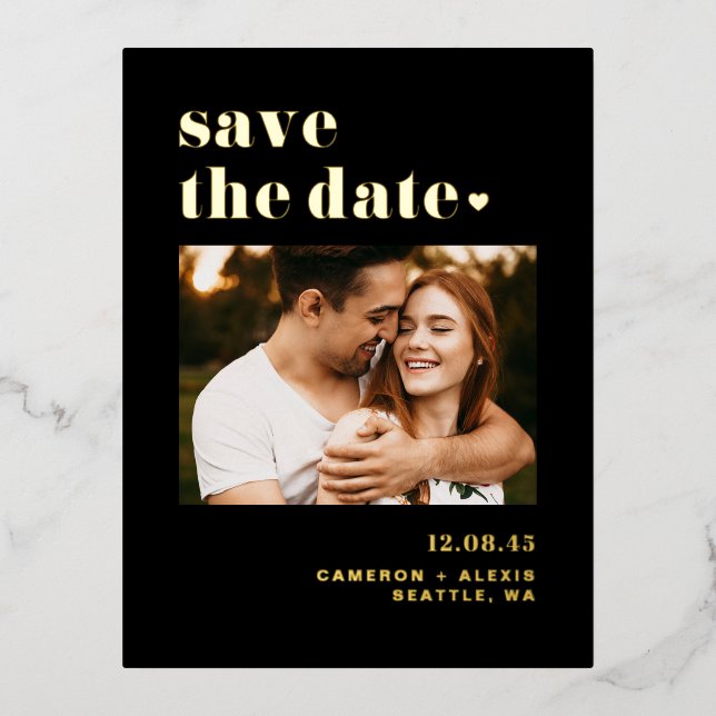 Black Bold Typography Photo Save the Date Foil Invitation Postcard (Front)