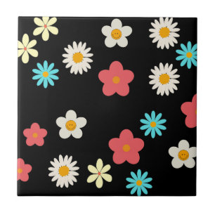 Black Bold Y2K Wildflower Vibrant Spring Decor Tile