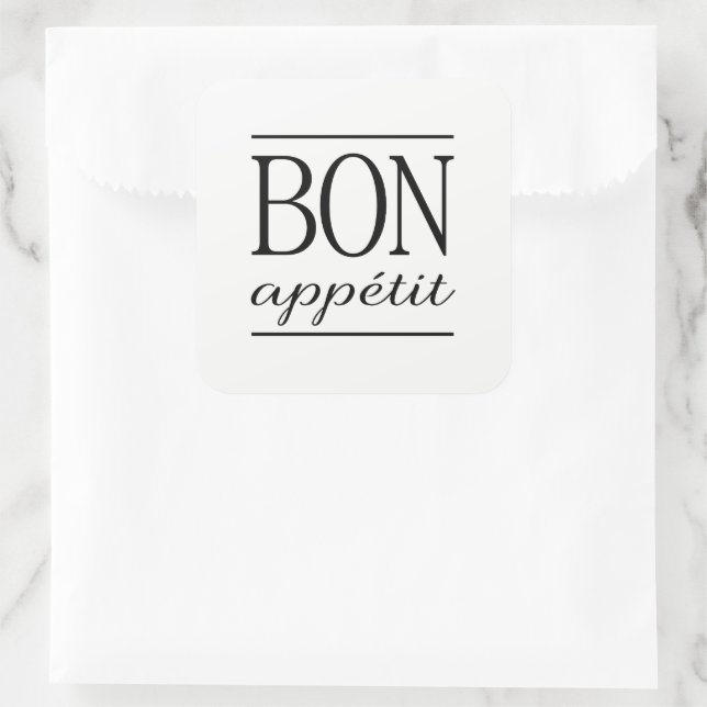 Black BON APPETIT Quote Dinner Typography Text Square Sticker (Bag)