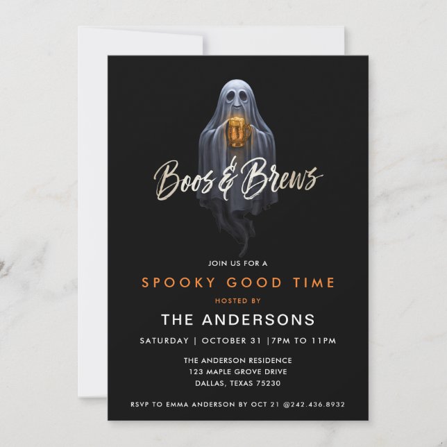 Black Boos & Brews Ghost Halloween Invitation (Front)
