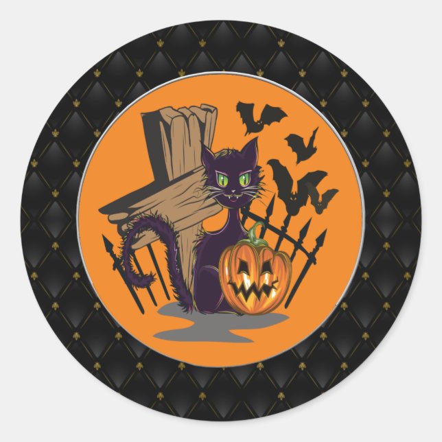 Black Border Black Cat Tombstone Bats Halloween Classic Round Sticker (Front)
