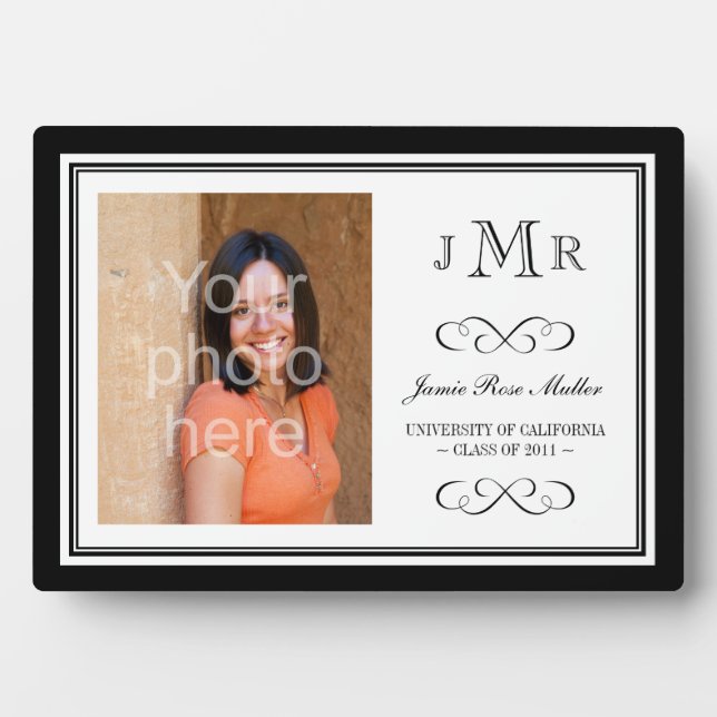 Black border classy monogram graduation photo plaque (Front)