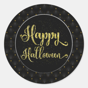 Black Border Gold Glitter On Black Happy Halloween Classic Round Sticker