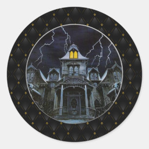 Black Border Haunted House Halloween Classic Round Sticker