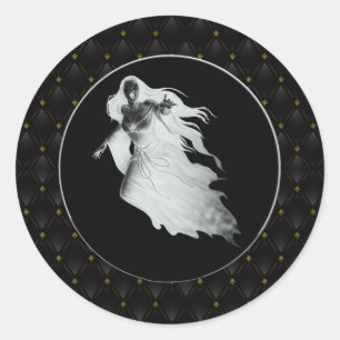 Black Border Lady In White Ghost Halloween Classic Round Sticker