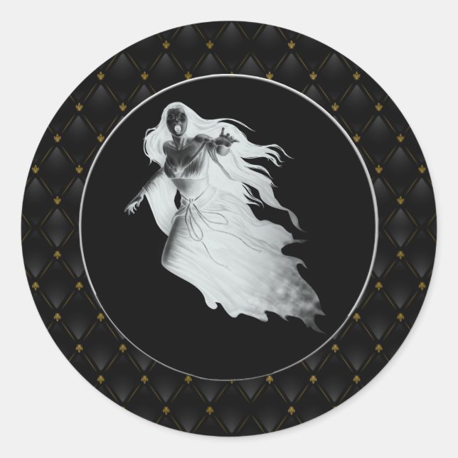 Black Border Lady In White Ghost Halloween Classic Round Sticker (Front)