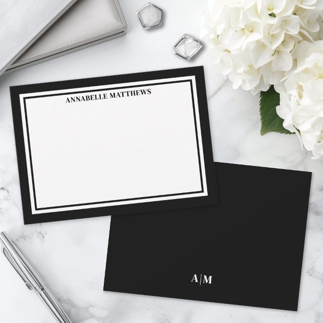 Black Border Minimalist Name Monogram Card (Black Border Minimalist Name Monogram Note Card)