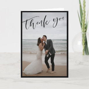 Black Border White Script Wedding Photo Thank You Card