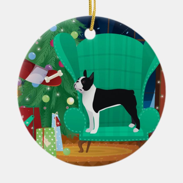 Black Boston Terrier and Santa's Gift Ceramic Ornament (Front)