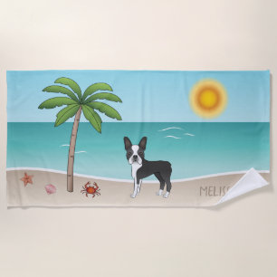 Black Boston Terrier At A Tropical Summer Beach Beach Towel