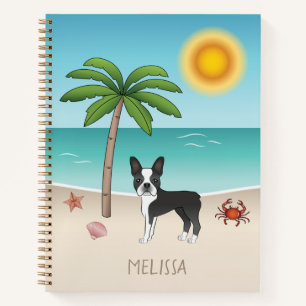 Black Boston Terrier At A Tropical Summer Beach Notebook