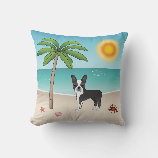 Black Boston Terrier At A Tropical Summer Beach Throw Pillow (Front)