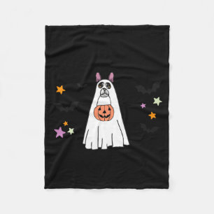 Black Boston Terrier Boo Ghost Dog Happy Halloween Fleece Blanket