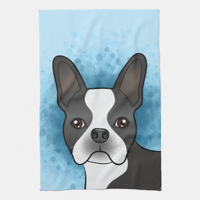 Black Boston Terrier Cartoon Dog Head On Blue Kitchen Towel (Vertical)