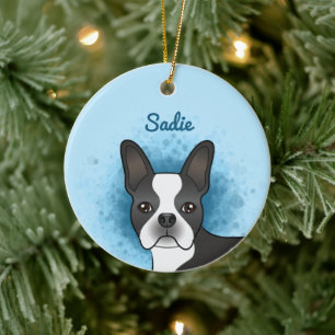 Black Boston Terrier Cartoon Dog On Blue & Name Ceramic Ornament