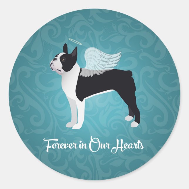 Black Boston Terrier Dog Angel Pet Memorial Classic Round Sticker (Front)