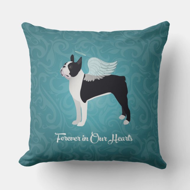 Black Boston Terrier Dog Angel Pet Memorial Throw Pillow (Front)