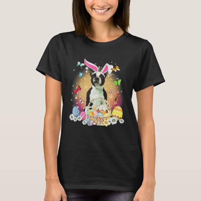 Black Boston Terrier Dog Bunny Easter Eggs Basket  T-Shirt (Front)