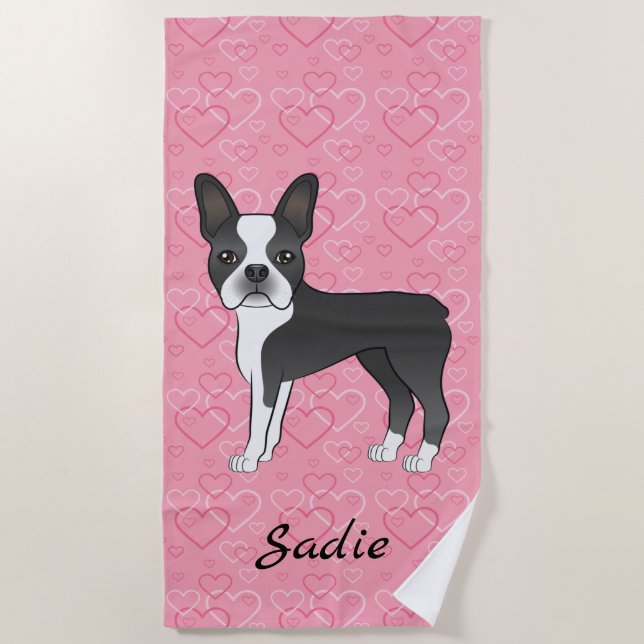 Black Boston Terrier Dog On Pink Hearts And Name Beach Towel (Front)