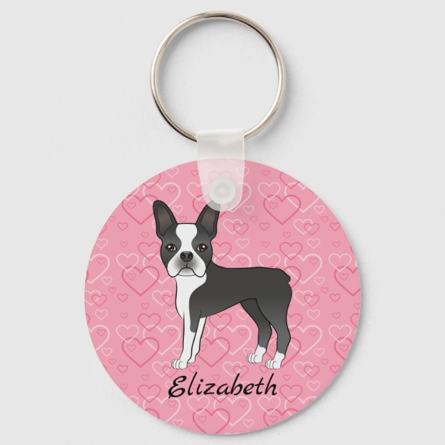 Black Boston Terrier Dog On Pink Hearts And Name Keychain (Front)