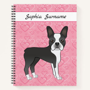 Black Boston Terrier Dog On Pink Hearts And Text Notebook