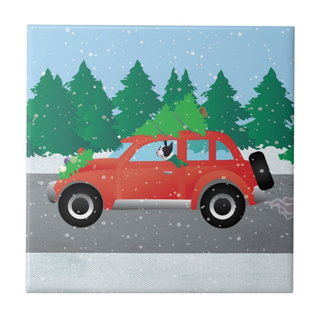 Black Boston Terrier Driving Christmas Car Tile (Front)