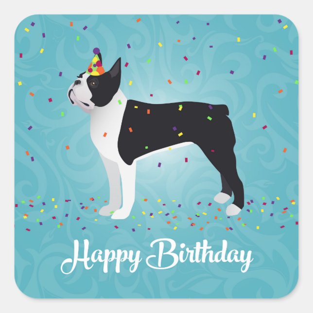 Black Boston Terrier Happy Birthday Design Square Sticker (Front)