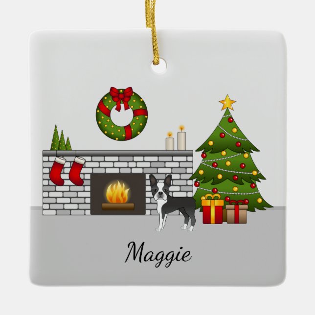 Black Boston Terrier In A Festive Christmas Room Ceramic Ornament (Front)