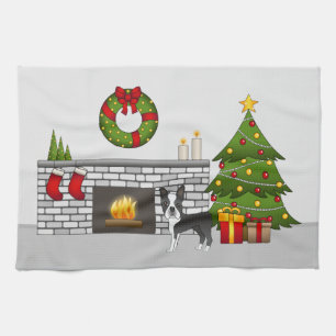 Black Boston Terrier In A Festive Christmas Room Kitchen Towel