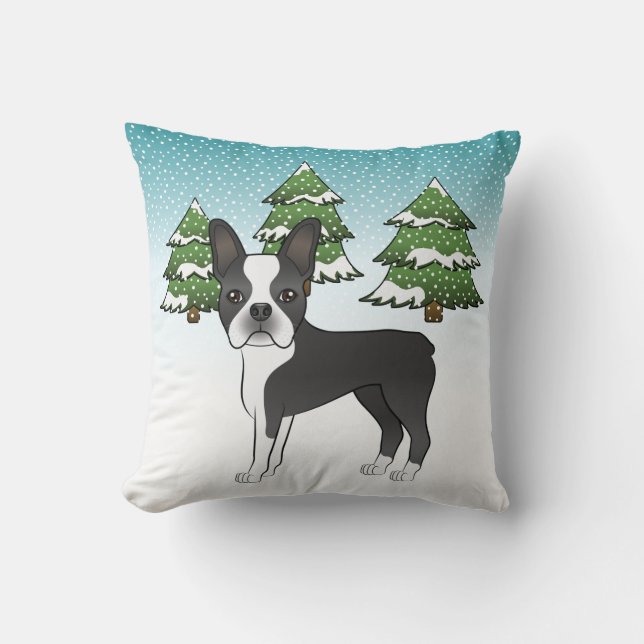Black Boston Terrier In A Winter Forest Throw Pillow (Front)