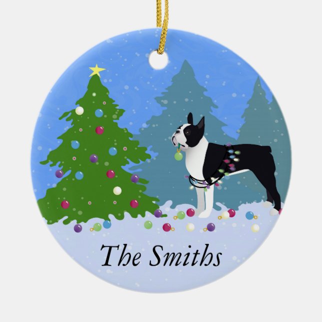 Black Boston Terrier in Christmas Forest Ceramic Ornament (Front)