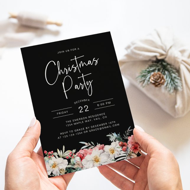 Black Botanical Christmas Party Invitation (Elegant Black Christmas Party Holiday Invitation Watercolor Berries Botanical Florals)