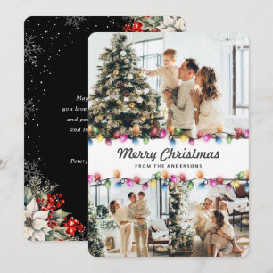 Black Botanical Colorful Christmas Lights Photo Holiday Card