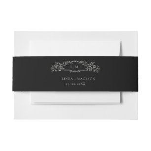 Black botanical crest monogram wedding invitation belly band
