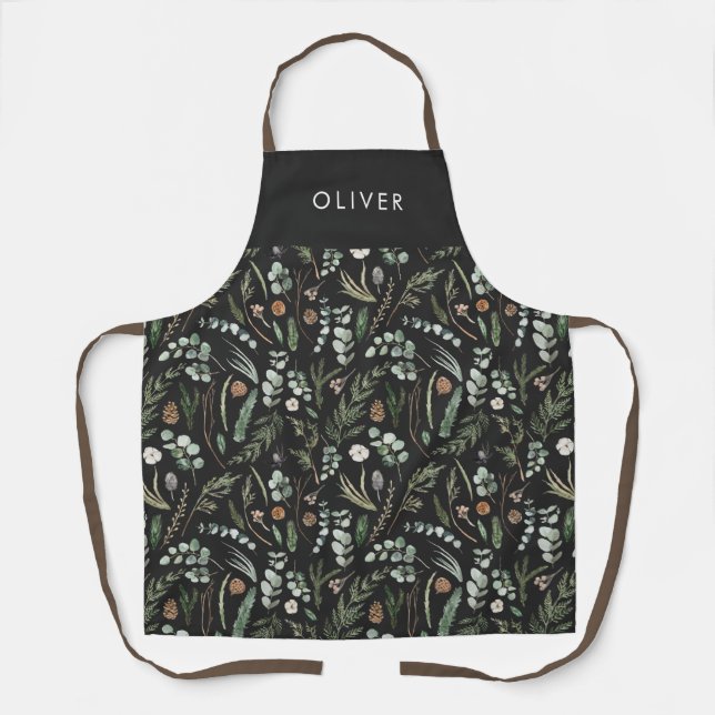 Black botanical elegant modern family gift apron (Front)