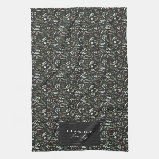 Black botanical elegant modern family gift decor kitchen towel (Vertical)