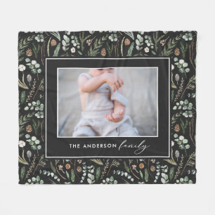 Black botanical elegant modern family photo fleece blanket
