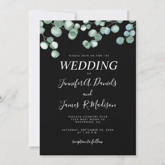 Black Botanical Eucalyptus Greenery Wedding Invitation