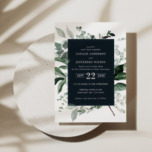 Black botanical floral elegant wedding details QR Invitation