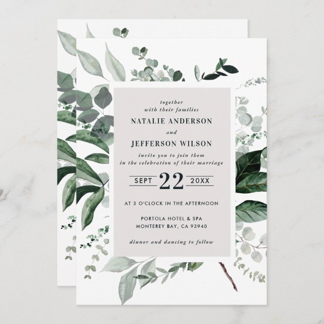 Black botanical floral elegant wedding details QR Invitation (Front/Back)