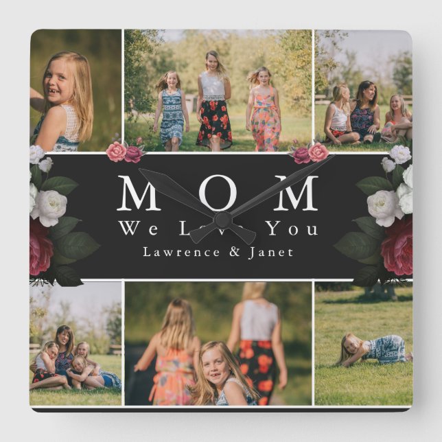 Black Botanical Floral Mom 8 Photo Collage gifts Square Wall Clock (Front)