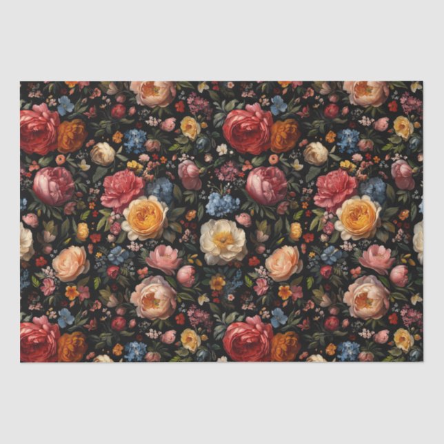 Black Botanical Floral Moody Baroque Antique Dutch Tissue Paper (Front)