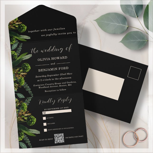 Black Botanical Greenery | QR Code All In One Invitation (Creator Uploaded)