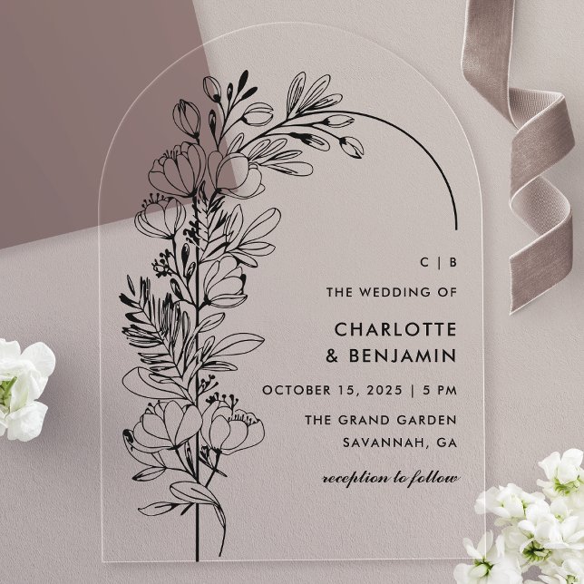 Black Botanical Minimalist Arch Wedding Acrylic Invitations (Creator Uploaded)